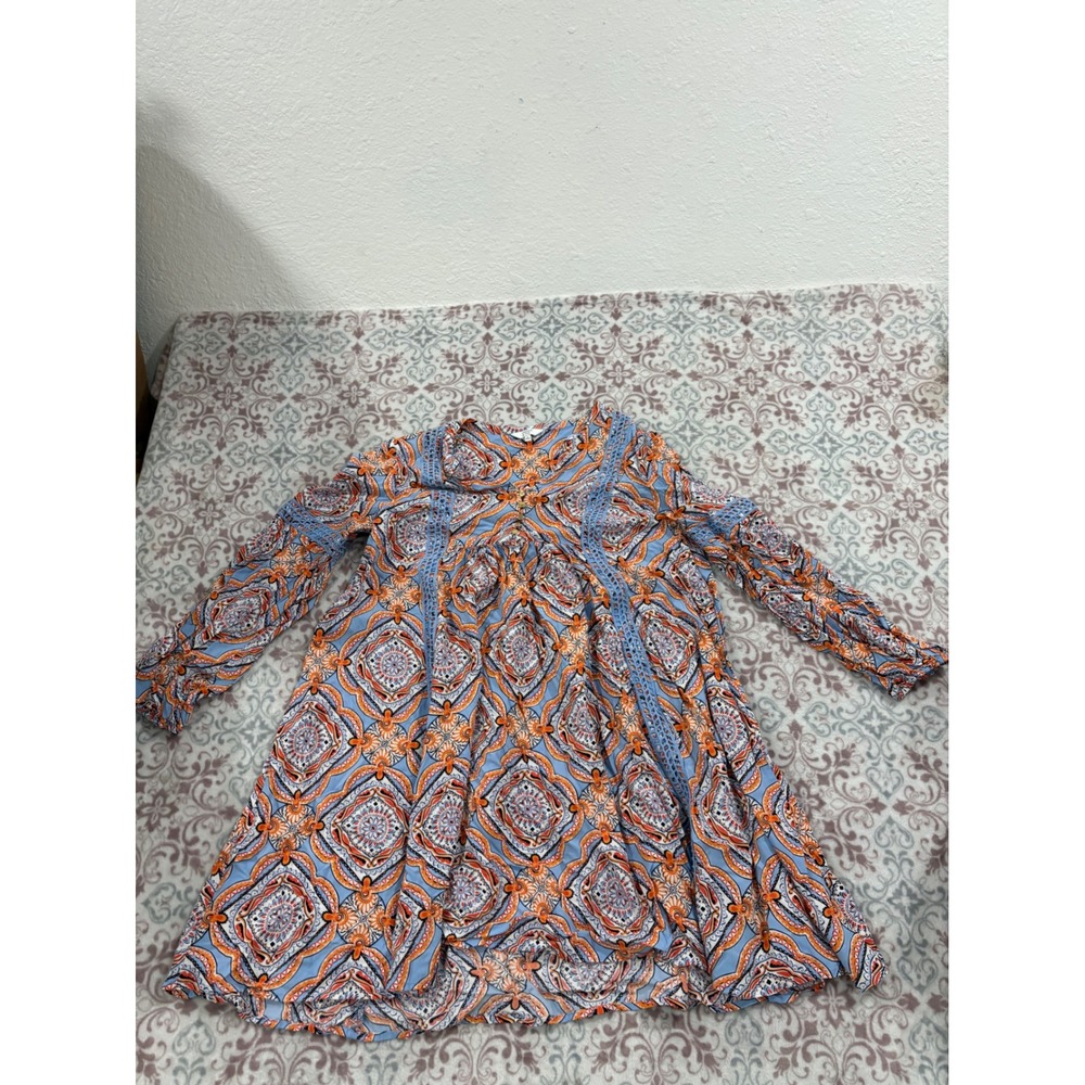 Crown & Ivy Blue Orange Medallion Print Lace Trim Tunic Top Small